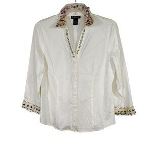 Unlisted by Kenneth Cole Beaded Shirt Blouse Women Size L White Long Sleeve